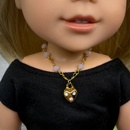 Light Pink Glass Bead Gold Heart Charm Doll Necklace • 14 Inch Fashion Doll Jewelry