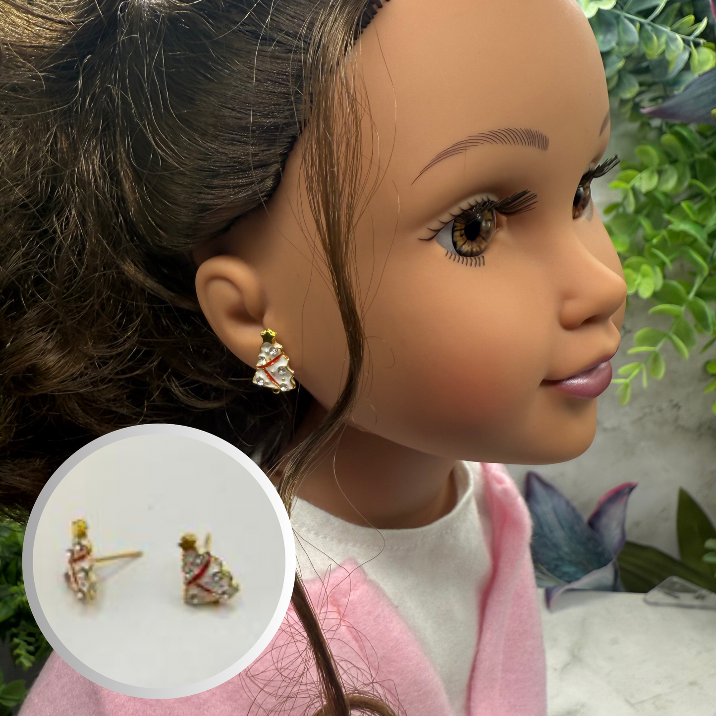 White Christmas Tree Gold Post Doll Earrings • 18 Inch Fashion Doll Jewelry