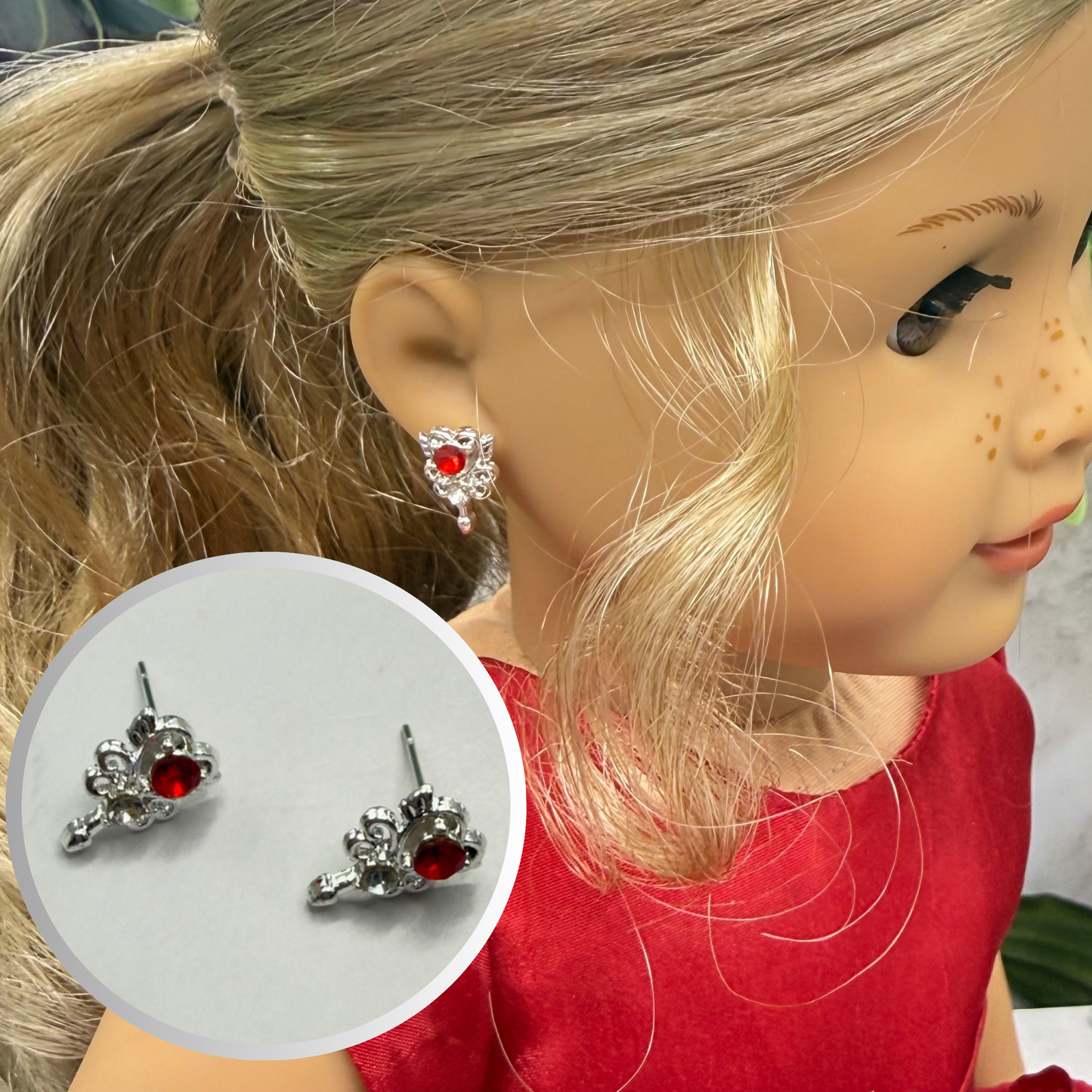 Red Rhinestone Heart Silver Wings Wand Design Post Doll Earrings • 18 Inch Fashion Doll Jewelry