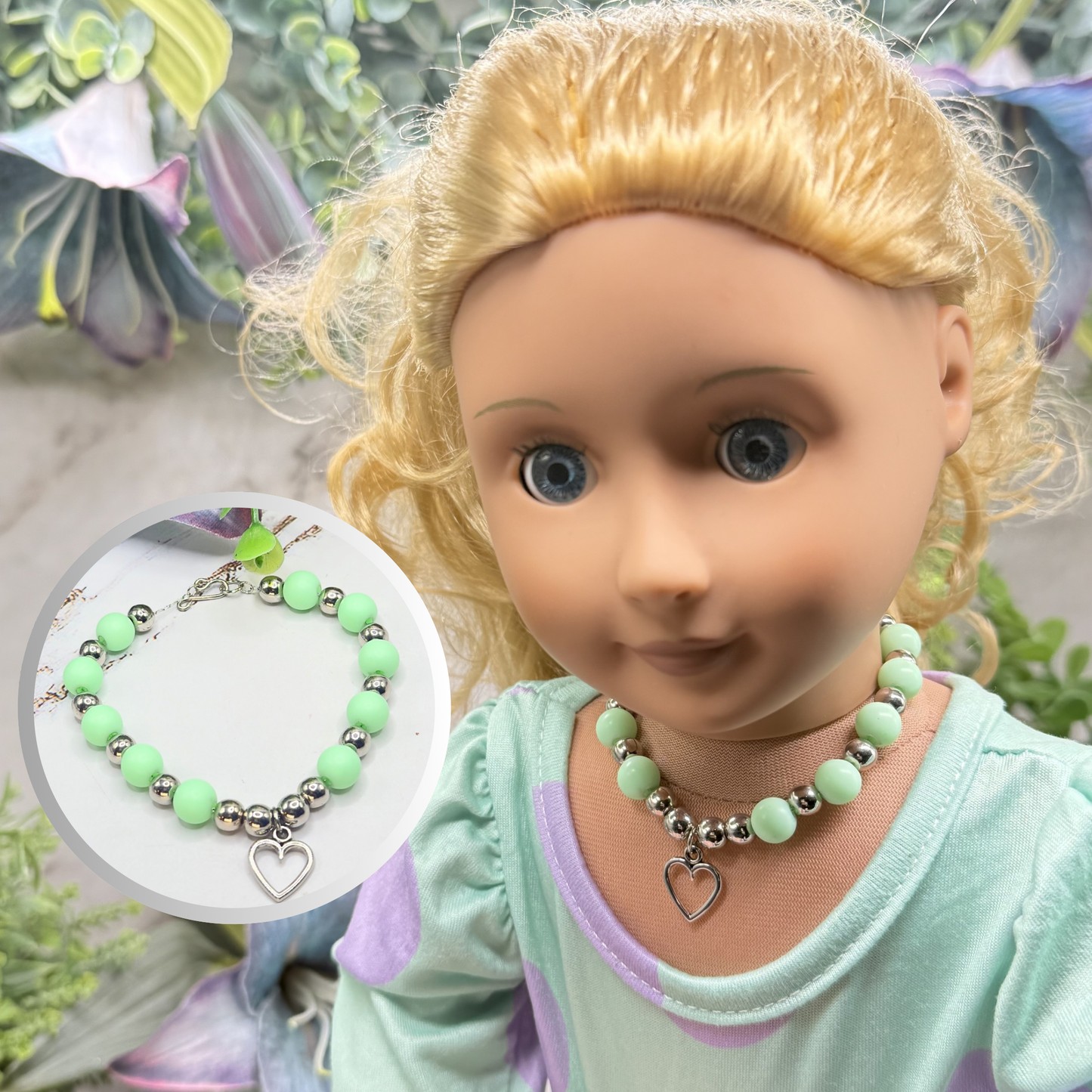 Light Green Acrylic & Silver Beaded Open Heart Charm Doll Necklace • 18 Inch Fashion Doll Jewelry