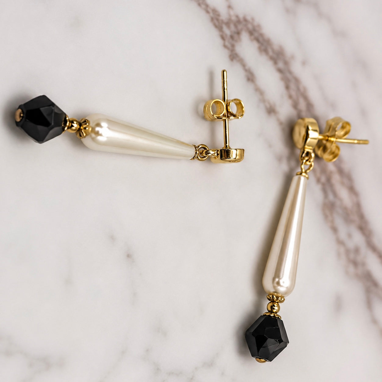 Elongated Teardrop Pearl & Black Glass Crystal Drop Dangle Earrings - Handmade