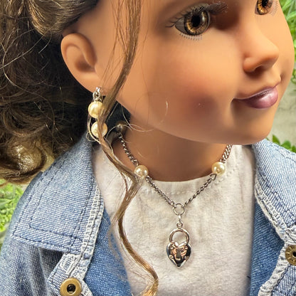 Silver Heart Lock Charm Pearl Bead Silver Chain Doll Necklace • 18 Inch Fashion Doll Jewelry