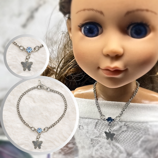 Silver Butterfly Blue Rhinestone Charm Doll Necklace • 14 Inch Fashion Doll Jewelry