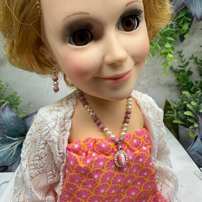 Pink Glass Pearl Oval Pendant Doll Necklace & Earrings • 18 Inch Fashion Doll Jewelry