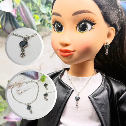 Abalone Silver Heart Dangle Doll Necklace & Earrings Set • 18 Inch Fashion Doll Jewelry