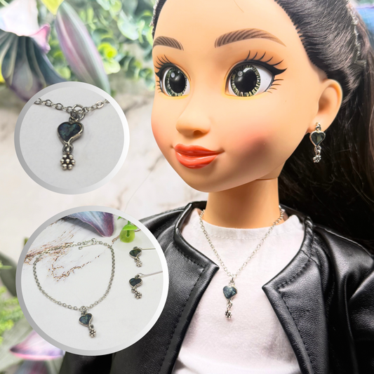 Abalone Silver Heart Dangle Doll Necklace & Earrings Set • 18 Inch Fashion Doll Jewelry