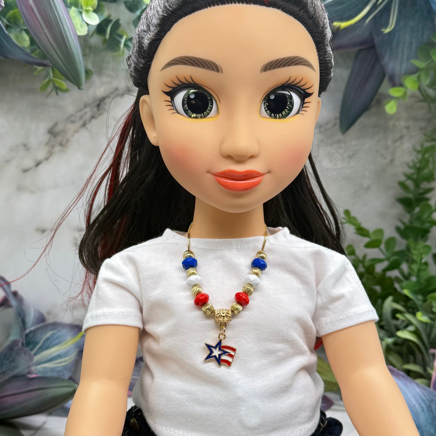 Red White Blue Gold Beaded Americana Star Charm Doll Necklace for 18 Inch Fashion Doll