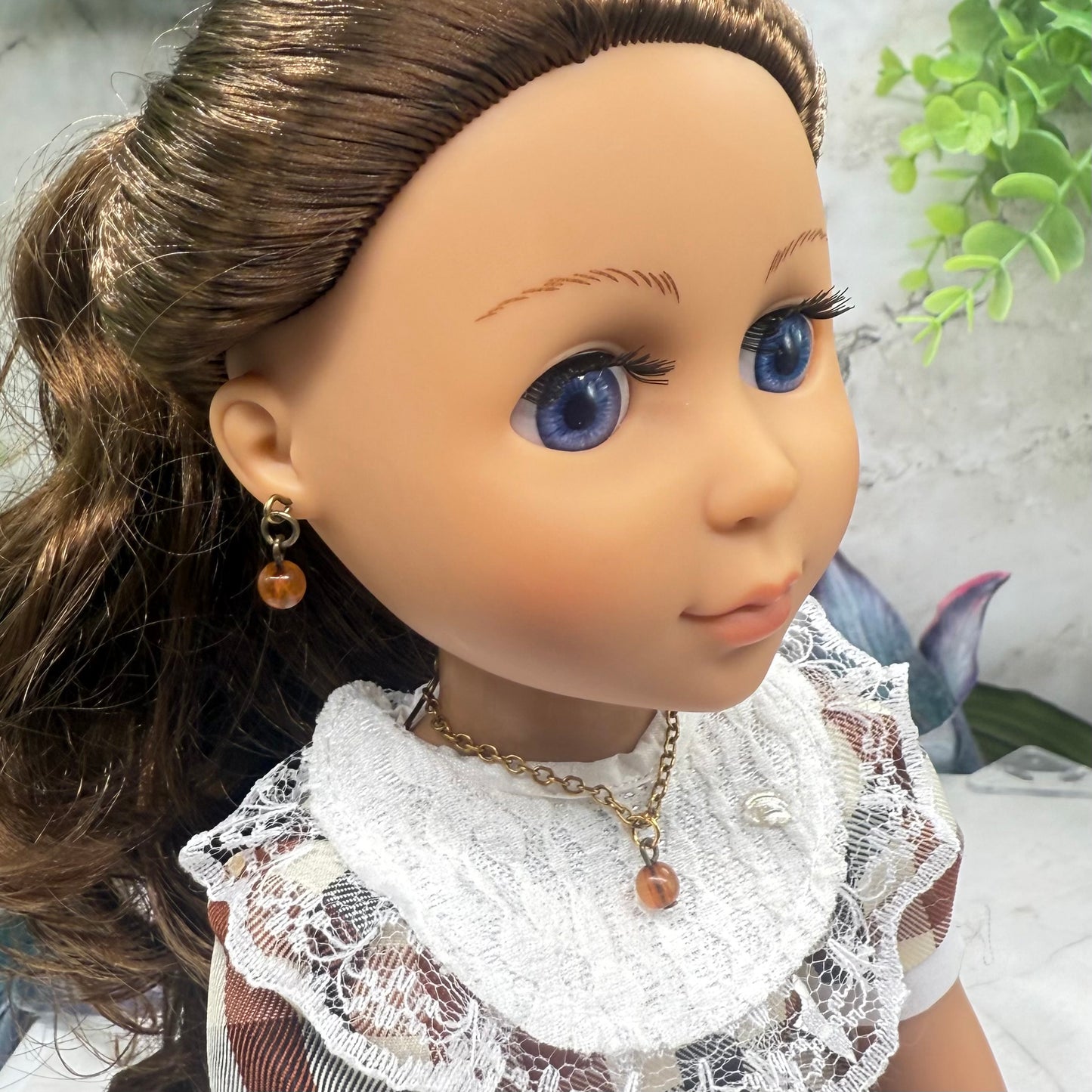 Brown Acrylic Drop Bead Gold Chain Doll Necklace & Earrings • 14 Inch Fashion Doll Jewelry