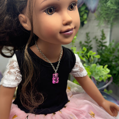 Pink Translucent Acrylic Bear Charm Doll Necklace Silver Chain • 18 Inch Fashion Doll Jewelry
