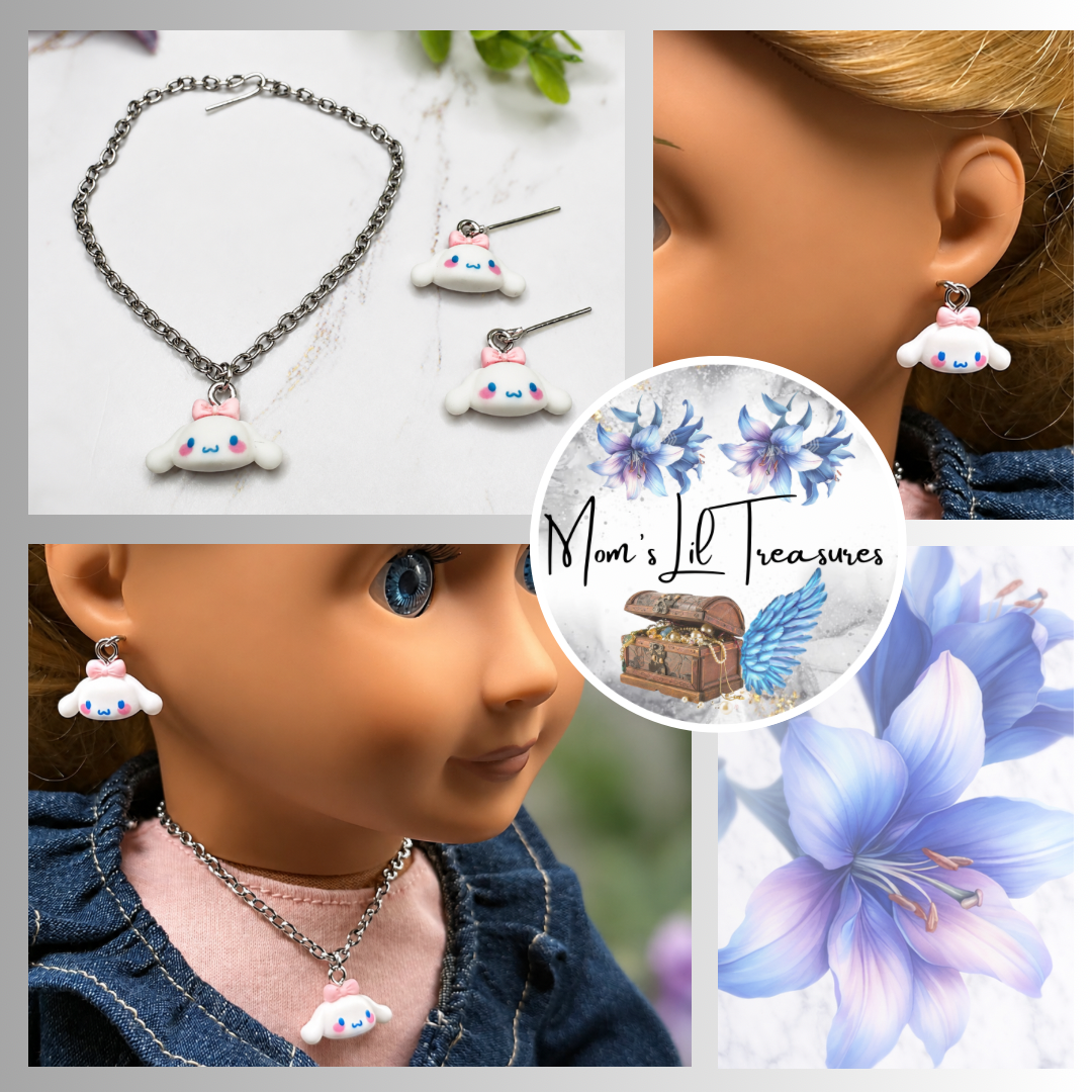 Cinnamoroll Sanrio White Puppy Charm Doll Necklace & Earrings • 18 Inch Fashion Doll Jewelry