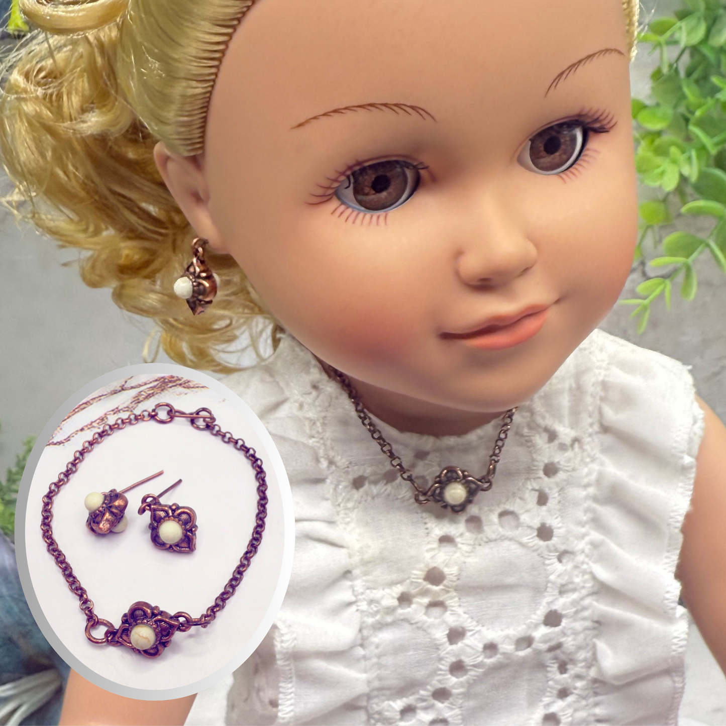 Copper Color Filigree Diamond Charm Doll Necklace & Earrings Set • 18 Inch Fashion Doll Jewelry