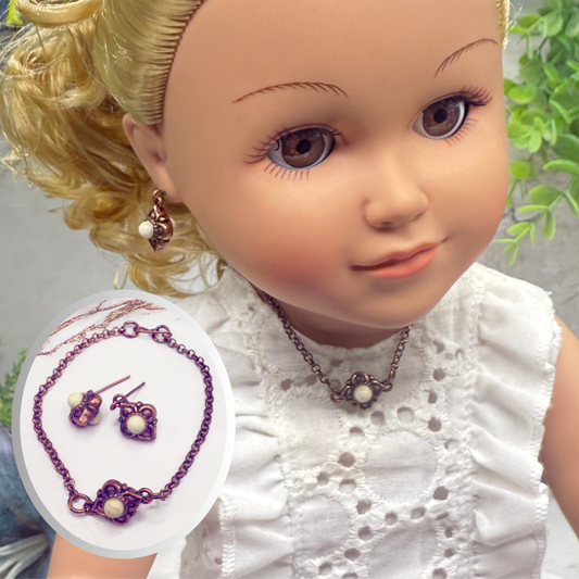 Copper Color Filigree Diamond Charm Doll Necklace & Earrings Set • 18 Inch Fashion Doll Jewelry