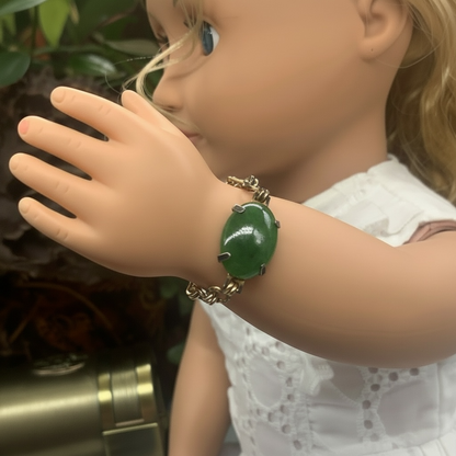 Green Glass Oval Pendant Gold Doll Bracelet • 18 Inch Fashion Doll Jewelry
