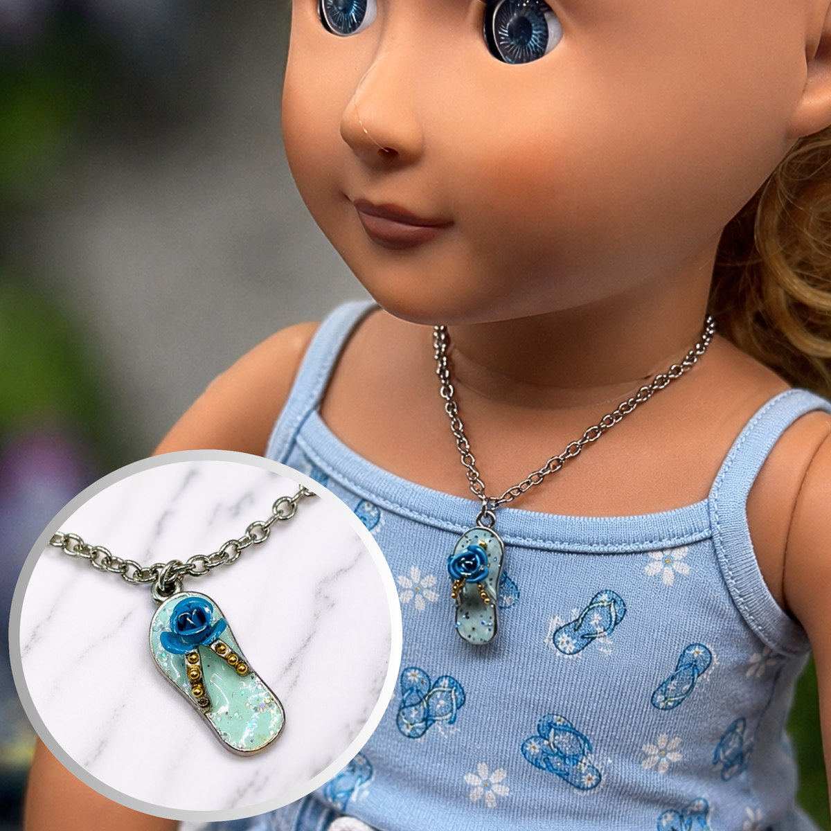 Blue Flip Flip Sandal Rose Accent Charm Silver Doll Necklace for 18 Inch Fashion Doll Jewelry