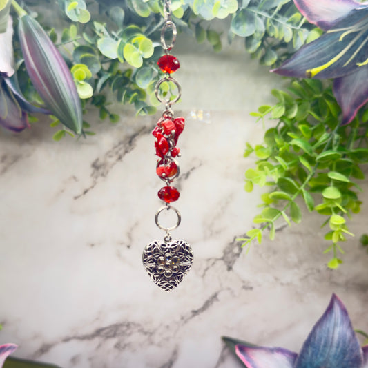 Red Stone Dangle Silver Heart Rhinestone Accents • Car Mirror Charm / Sun Catcher