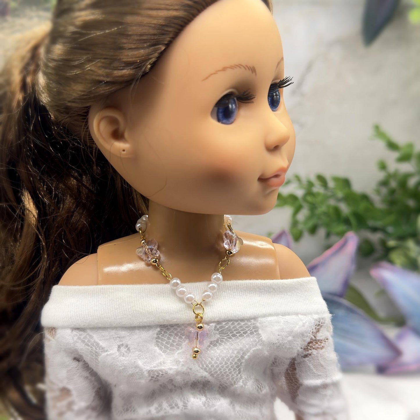 Light Pink Crystal Butterfly & Pearl Beaded Doll Necklace • 14 Inch Fashion Doll Jewelry