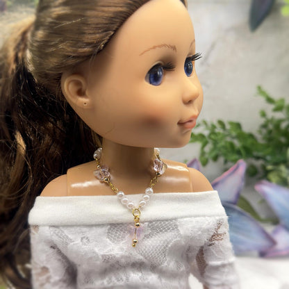 Light Pink Crystal Butterfly & Pearl Beaded Doll Necklace • 14 Inch Fashion Doll Jewelry