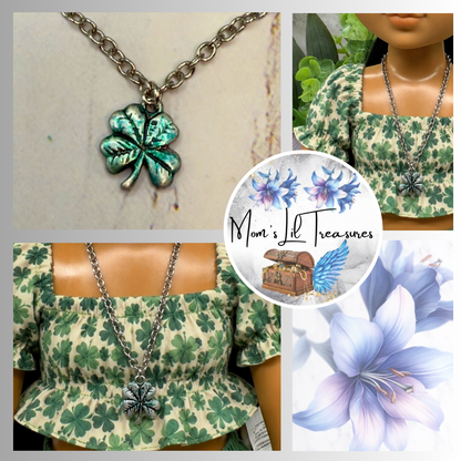 Four Leaf Clover Luck Green Enamel Silver Pendant Doll Necklace • 18 Inch Fashion Doll Jewelry