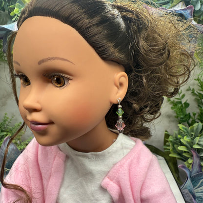 Light Green Pink Glass Crystal Dangle Doll Earrings • 18 Inch Fashion Doll Jewelry