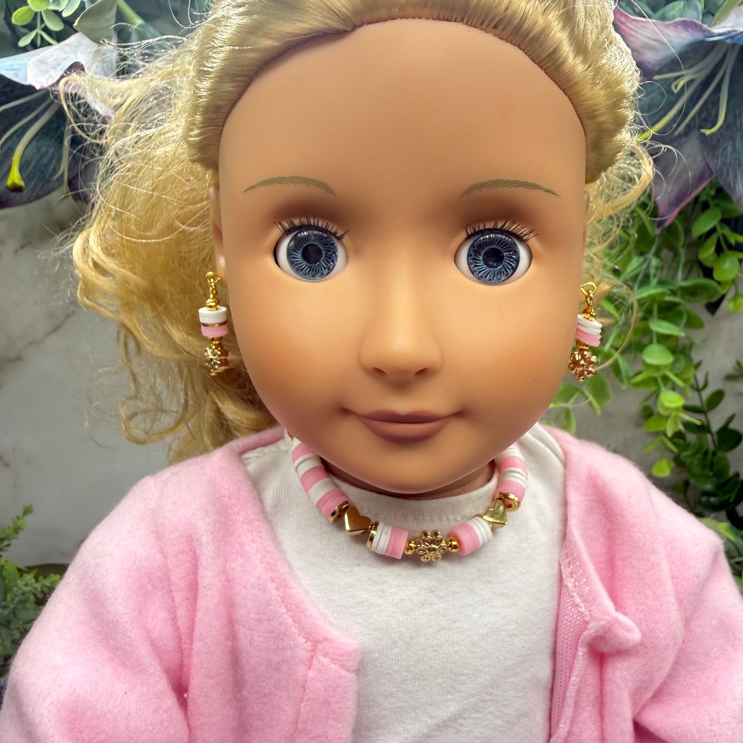 Pink White Disk Beaded Gold Flower Heart Doll Necklace & Earrings • 18 Inch Fashion Doll Jewelry
