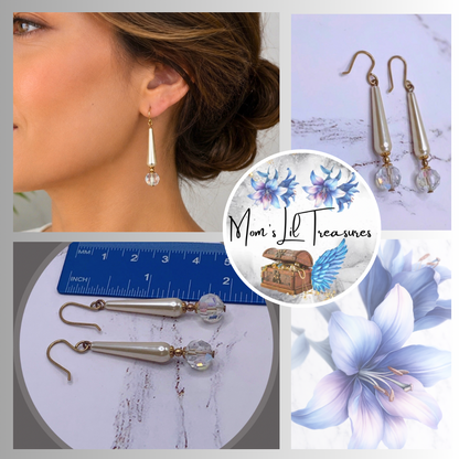 Elongated Teardrop Pearl & Clear Crystal Drop Dangle Earrings • Handmade