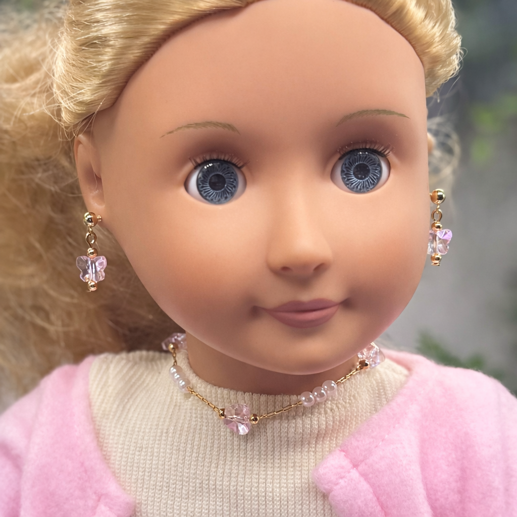 Light Pink Acrylic Crystal & Pearl Beaded Doll Necklace and Earrings Set • 18 Inch Fashion Doll Jewelry