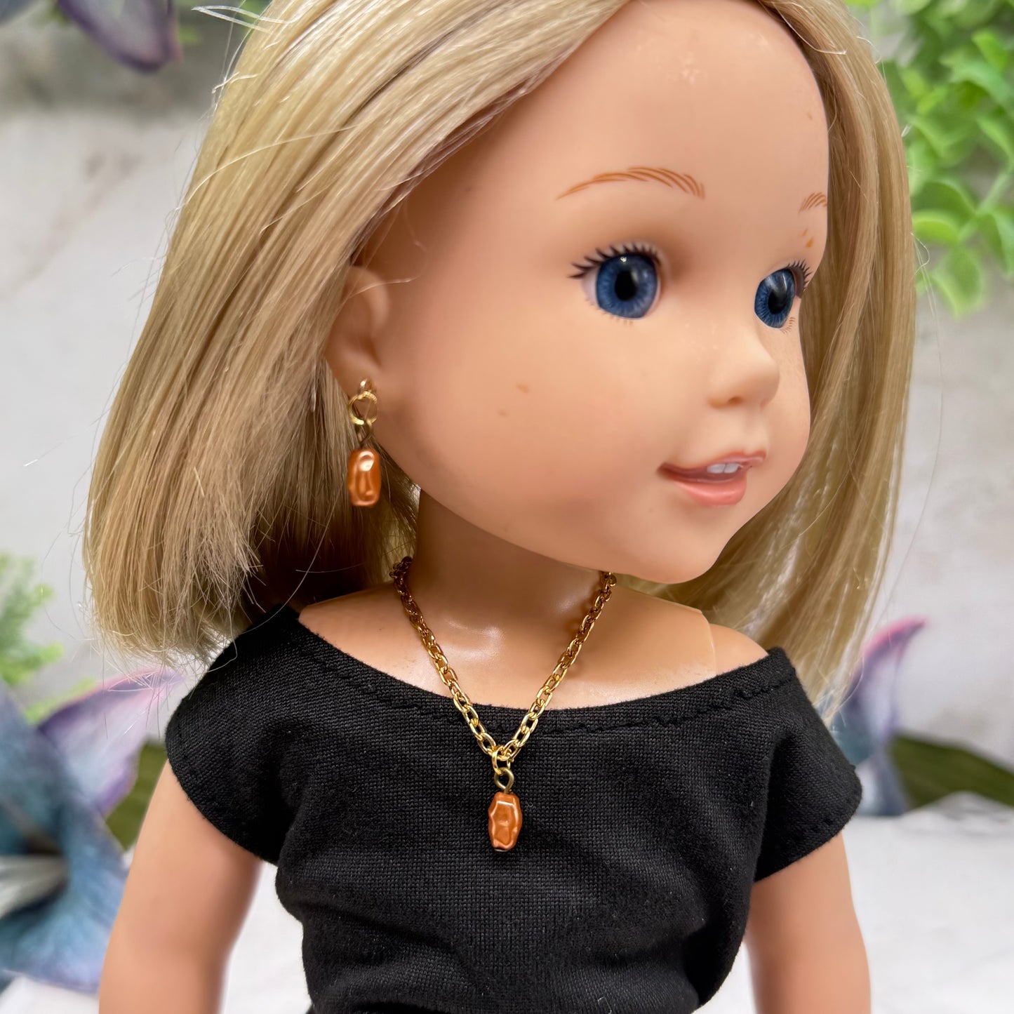 Brown Pearl Drop Gold Doll Necklace & Earrings • 14 Inch Fashion Doll Jewelry