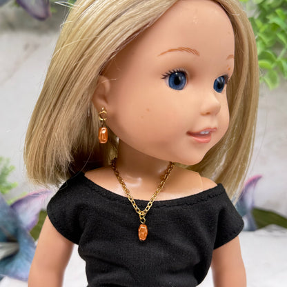 Brown Pearl Drop Gold Doll Necklace & Earrings • 14 Inch Fashion Doll Jewelry