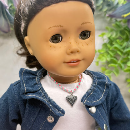 Pink Blue White Braided Thread Silver Heart yuhCharm Doll Necklace • 18 Inch Fashion Doll Jewelry
