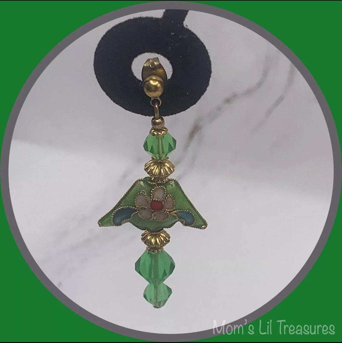 Fashion Green Crystal & Cloisonné Gold Tone Dangle Earrings - Post- Handmade