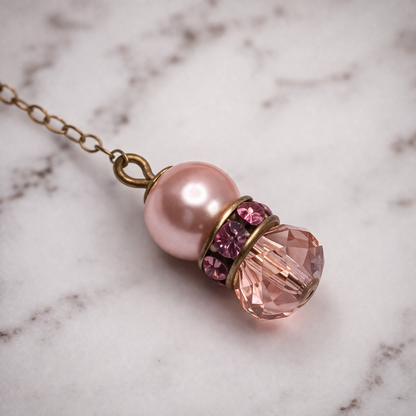 Pink Glass Crystal Pearl Rhinestone Gold Tone Chain • Handmade Dangle Earrings