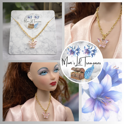 Light Pink Iridescent Acrylic Butterfly Charm Gold Doll Necklace for 16 Inch Fashion Dolls