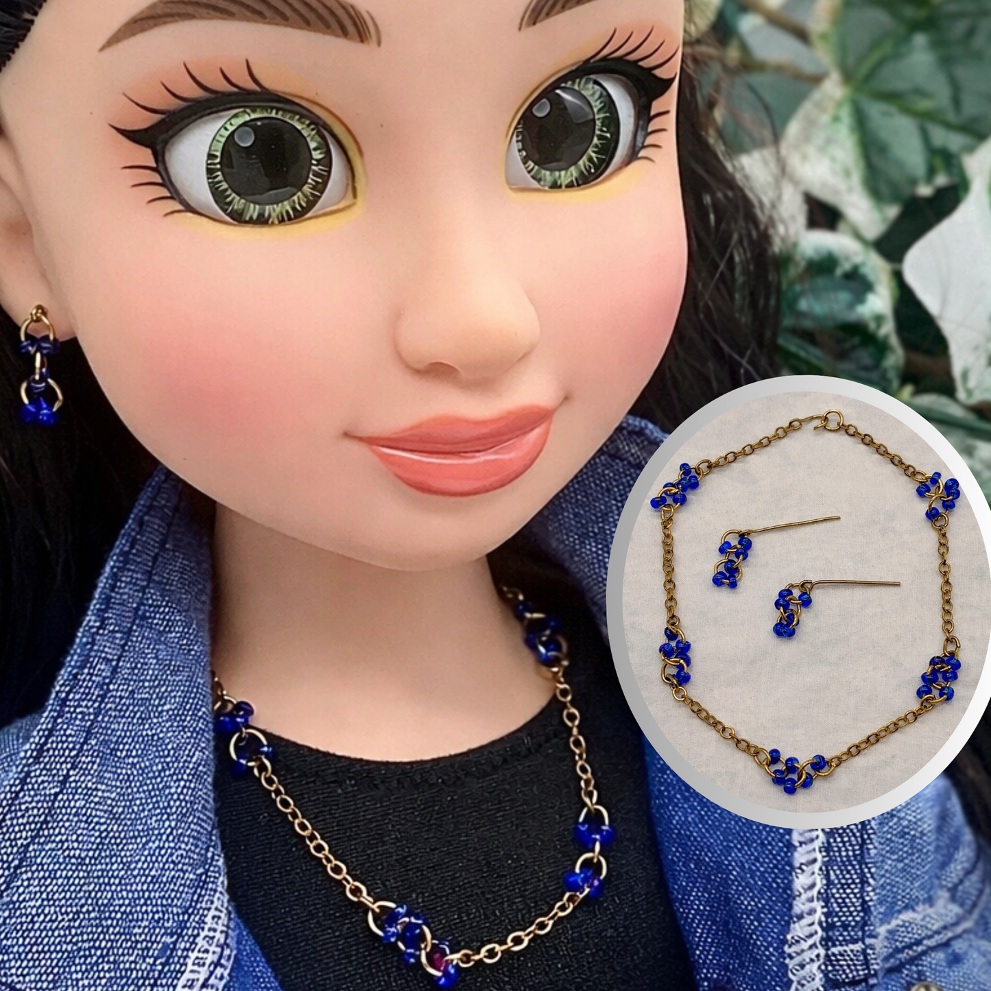 Gold Chain Blue Bead Accents Necklace Earring Set for 18 Inch Fashion Doll
