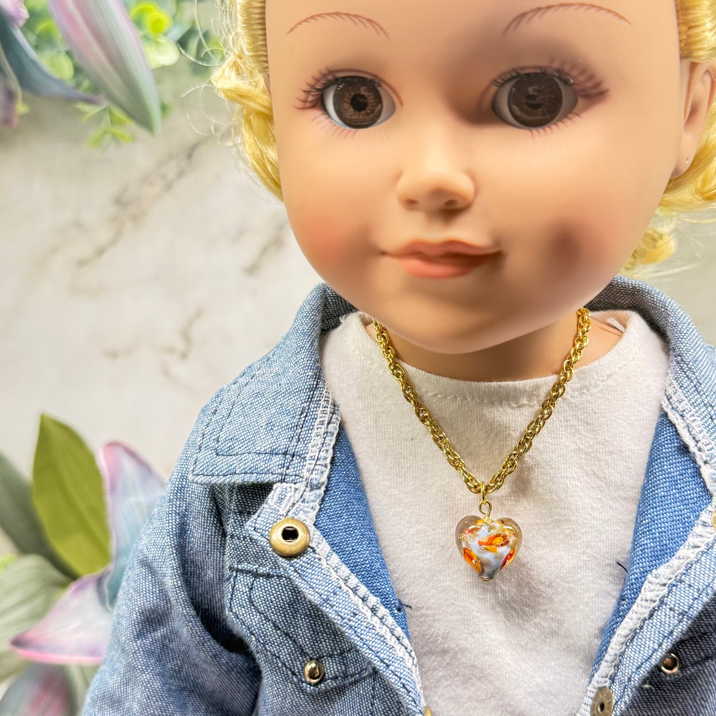 Orange Blue White Swirl Glass Heart Pendant Gold Chain Doll Necklace • 18 Inch Fashion Doll Jewelry