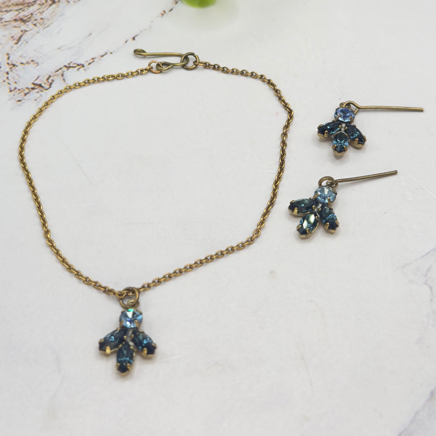 Dark & Light Blue Rhinestone Leaf Cluster Vintage Style Doll Necklace & Earrings • 18-22 Inch Fashion Vintage Doll Jewelry