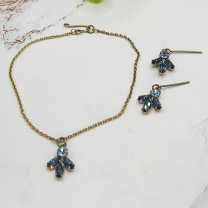 Dark & Light Blue Rhinestone Leaf Cluster Vintage Style Doll Necklace & Earrings • 18-22 Inch Fashion Vintage Doll Jewelry