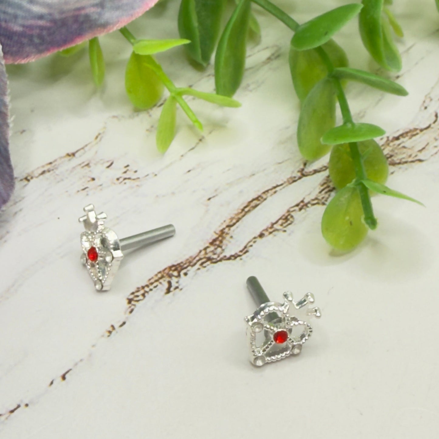 Silver Heart w/ Crown Red Rhinestone Post Doll Earrings • 2mm Post for 18 Inch Fashion Doll
