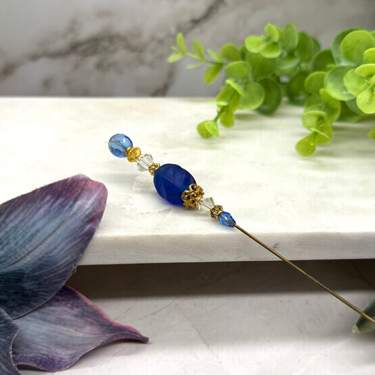 Blue & Clear Crystal Gold Filigree Accent • 8” Hatpin / Stick Pin