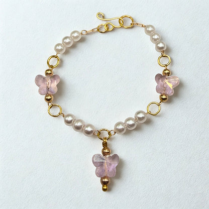 Light Pink Crystal Butterfly & Pearl Beaded Doll Necklace • 14 Inch Fashion Doll Jewelry