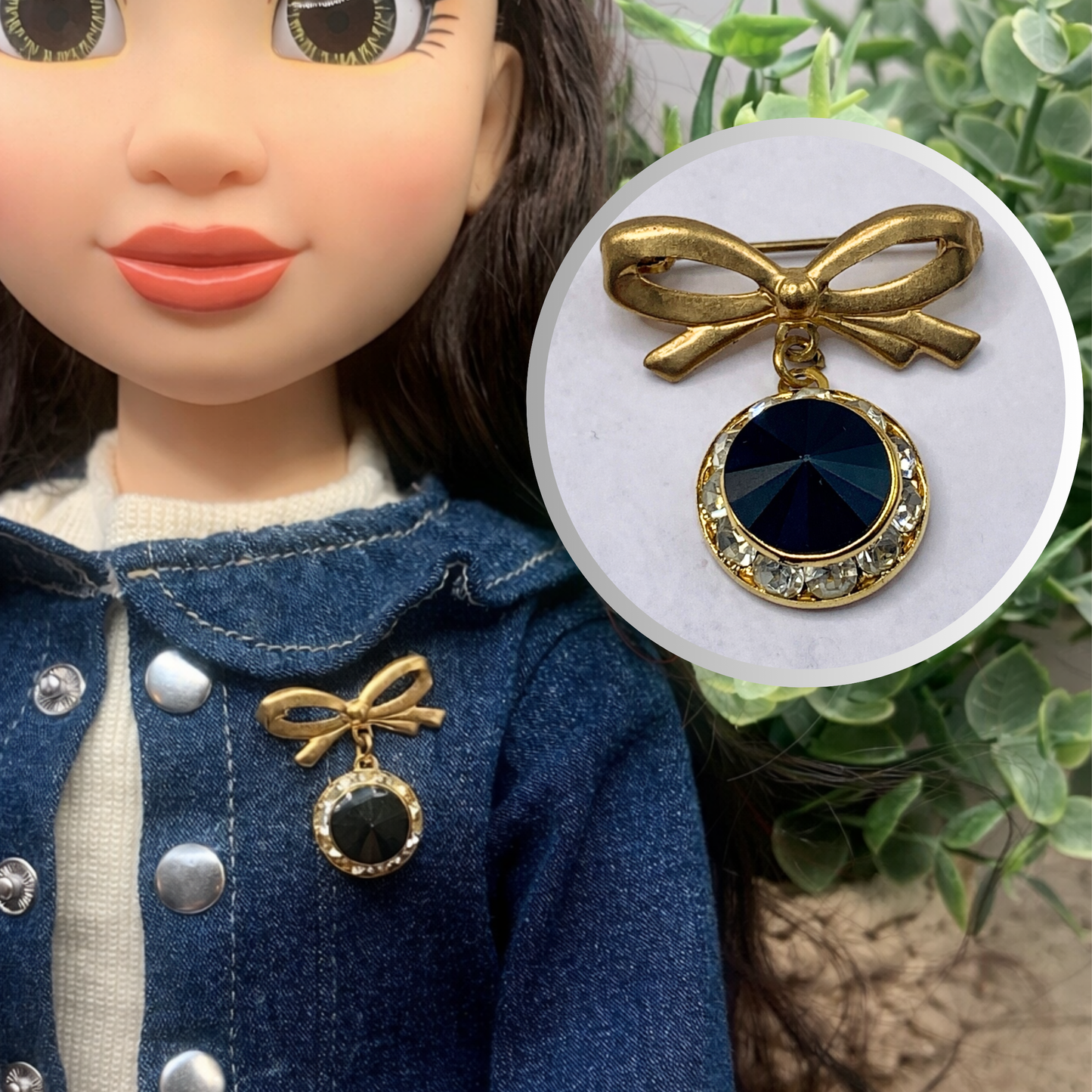 Gold Tone Bow Pin Black & Clear Rhinestone Dangle Doll Brooch