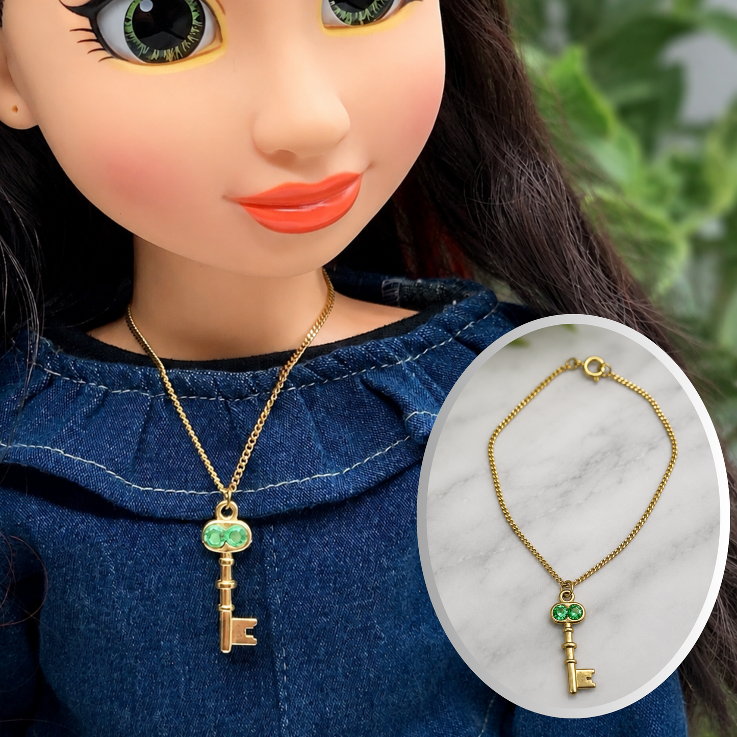 Key Charm Doll Necklace Green Rhinestone Accent • 18 inch Fashion Doll Jewelry