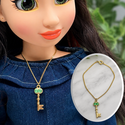 Key Charm Doll Necklace Green Rhinestone Accent • 18 inch Fashion Doll Jewelry