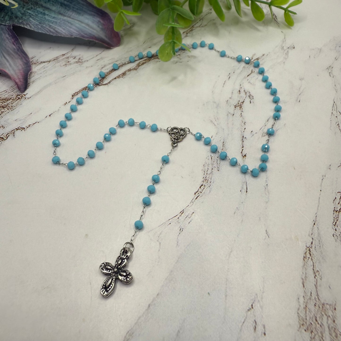 Turquoise Blue Glass Crystal Beaded Silver Chain & Cross • Doll Size Catholic Rosary for 18-22” Fashion or Vintage Dolls