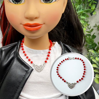 Red Glass Crystal Bead Silver Filigree Heart Charm Doll Necklace • 18 Inch Fashion Doll Jewelry