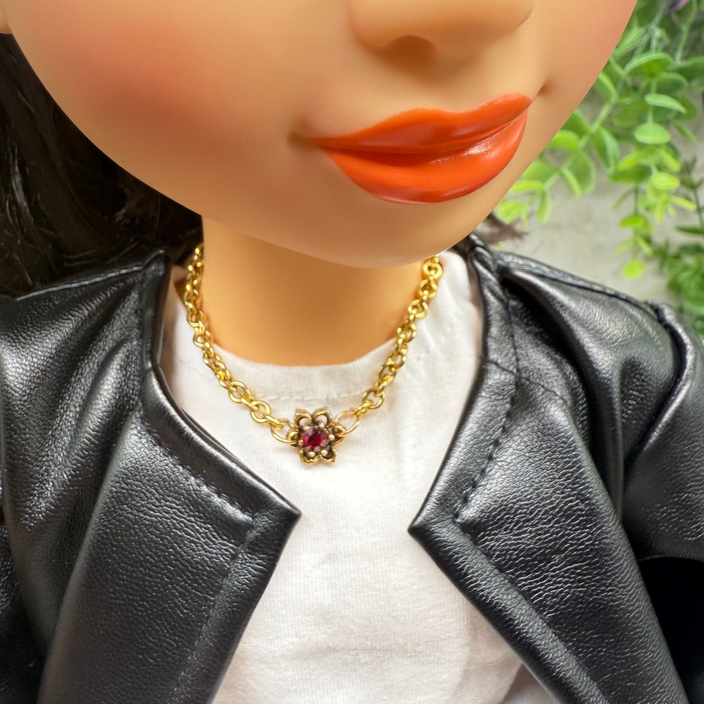 Red Rhinestone Flower Charm Gold Chain Doll Necklace • 18 Inch Doll Jewelry