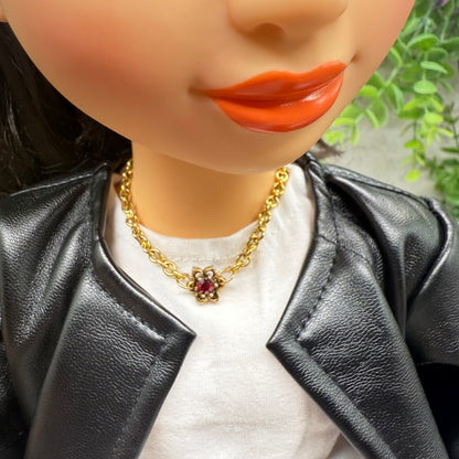 Red Rhinestone Flower Charm Gold Chain Doll Necklace • 18 Inch Doll Jewelry