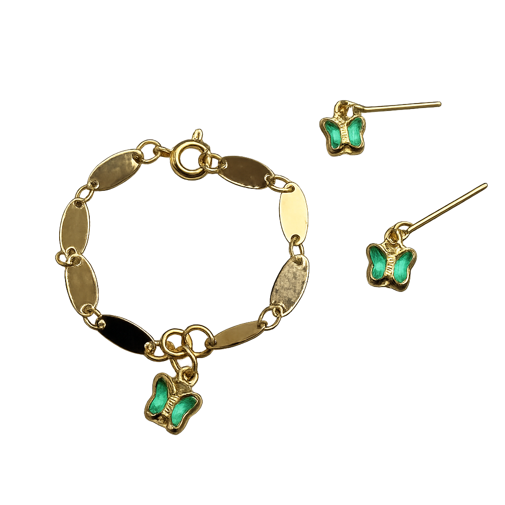 Teal Crystal Butterfly Charm Gold Oval Link Doll Necklace & Earrings • 14 Inch Fashion Doll Jewelry