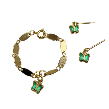 Teal Crystal Butterfly Charm Gold Oval Link Doll Necklace & Earrings • 14 Inch Fashion Doll Jewelry