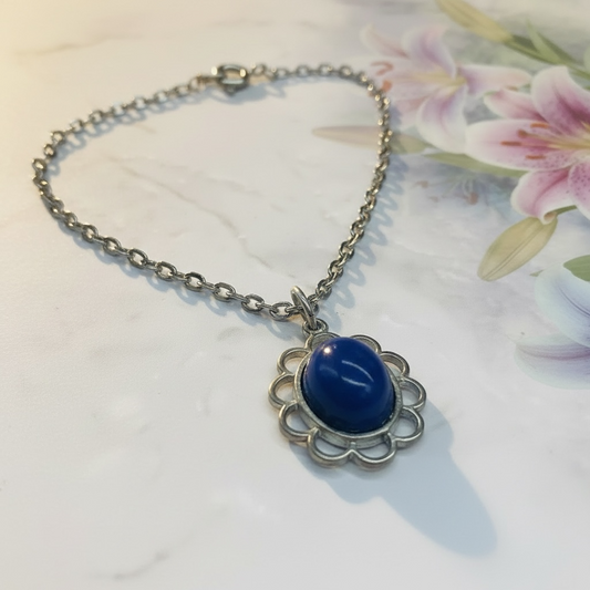 Oval Dark Blue Silver Filigree Pendant Doll Necklace • 18” Fashion Doll Jewelry