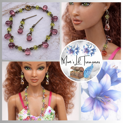 Purple Teardrop Green Glass Doll Necklace Earring Set • 16 Inch Doll Jewelry